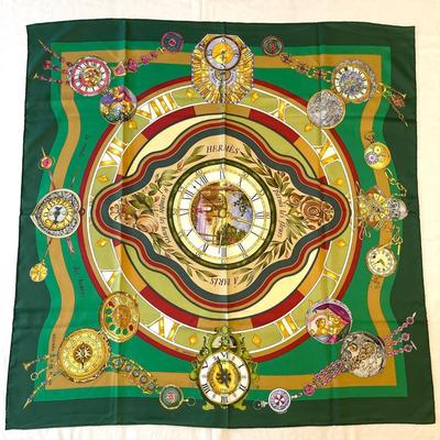 005 Authentic HERMÃˆS Carre 90 Silk Scarf La Ronde Des Heures (Green) by LoÃ¯c Dubigeon 1993