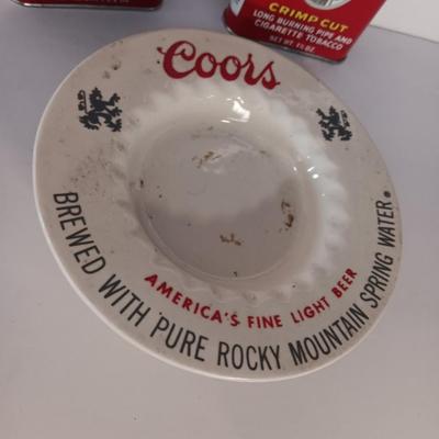 Tin tobacco tins and Collectible Coors pottery ashtray