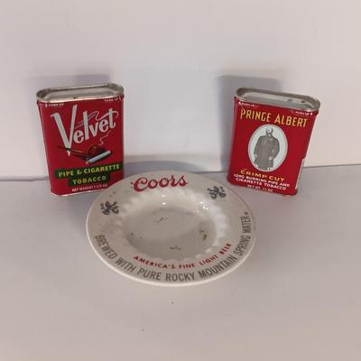Tin tobacco tins and Collectible Coors pottery ashtray