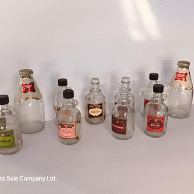 Glass Shot bottles and glass Miller High Life bottles with lables