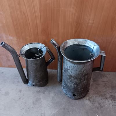 Two Vintage swivel spout oil cans - gallon Tool king & half gallon Huffman