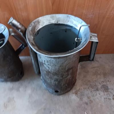 Two Vintage swivel spout oil cans - gallon Tool king & half gallon Huffman