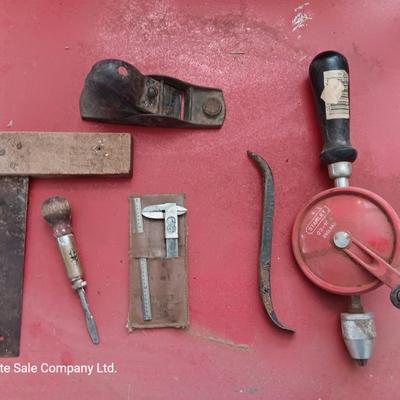 Collectible vintage small tools with antique drill - small plainer -