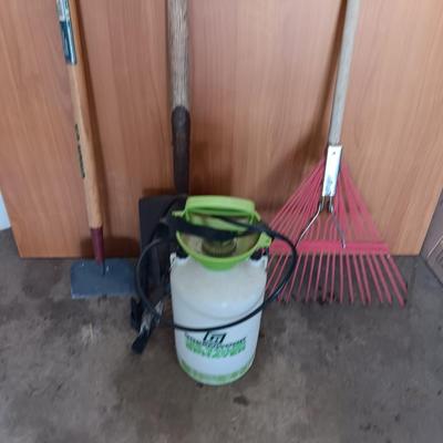 Yard and garden tools - weed sprayer - rake - hoe and shovel