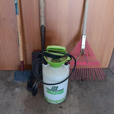 Yard and garden tools - weed sprayer - rake - hoe and shovel