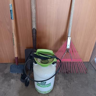 Yard and garden tools - weed sprayer - rake - hoe and shovel