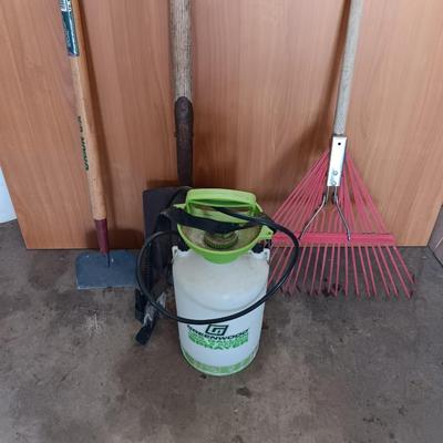 Yard and garden tools - weed sprayer - rake - hoe and shovel