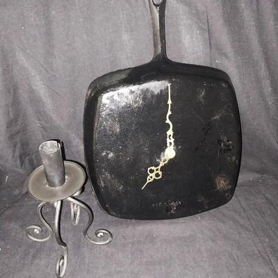 CASTIRON SKILLET CLOCK AND METAL CANDLE HOLDER