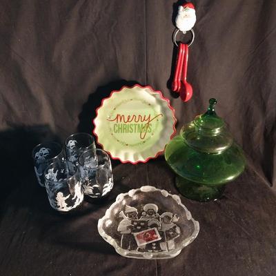 VINTAGE TREE CANDY DISH (MADE IN ITALEY)-MIKASA GLASS DISH-PIE PLATE -SANTA MEASURING SPOONS MORE
