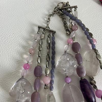 Chicoâ€™s Chunky Natural Amethyst and Quartz Multi Strand Necklace & purple Earrings