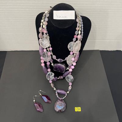 Chicoâ€™s Chunky Natural Amethyst and Quartz Multi Strand Necklace & purple Earrings