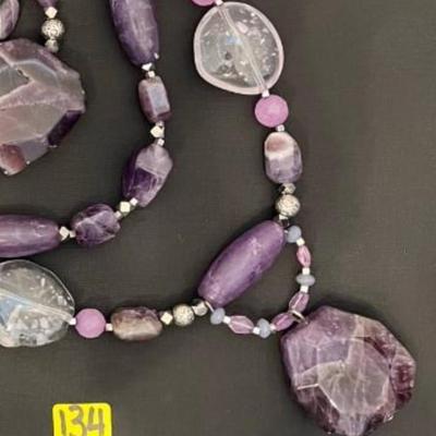 Chicoâ€™s Chunky Natural Amethyst and Quartz Multi Strand Necklace & purple Earrings