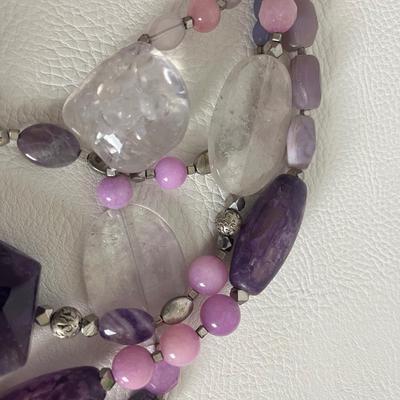 Chicoâ€™s Chunky Natural Amethyst and Quartz Multi Strand Necklace & purple Earrings