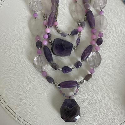 Chicoâ€™s Chunky Natural Amethyst and Quartz Multi Strand Necklace & purple Earrings