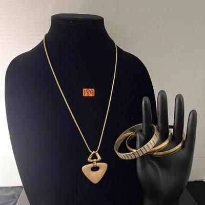 Trifari Cream & Gold Pendant Necklace with 3-Stack Bracelets