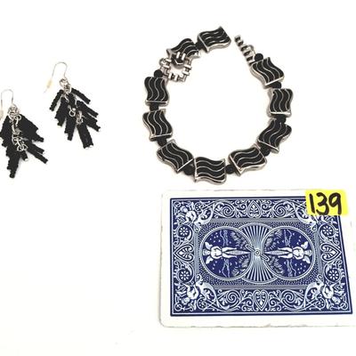 Black Beaded Dangle Earrings and Silver Bracelet