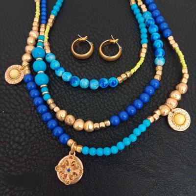 Blue & Gold Beaded Necklace with Earrings