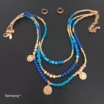 Blue & Gold Beaded Necklace with Earrings