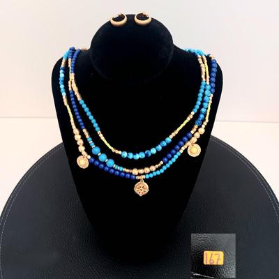 Blue & Gold Beaded Necklace with Earrings