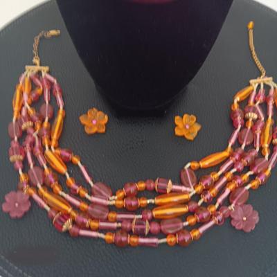 Pink Slab Bead & Multi-Layered Beaded Necklace and Earrings