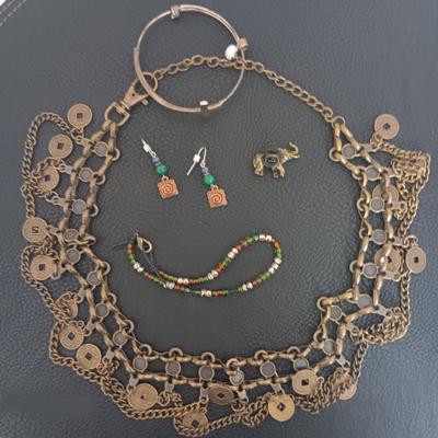 Gold Tone Statement Necklace with Earrings, Bracelet, and Pin