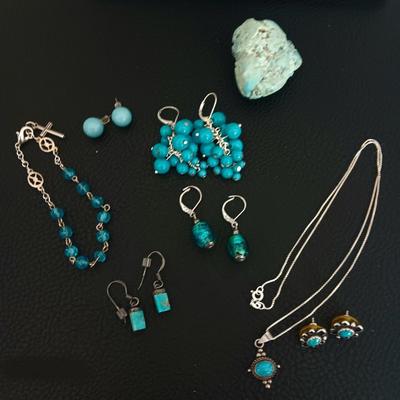 Sterling Silver Turquoise Jewelry and Assorted Turquoise Colored Beads