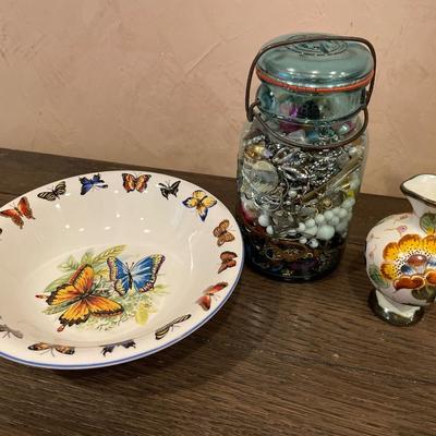 Butterfly bowl, small Regina pitcher and blue ball jar with jewelry pieces