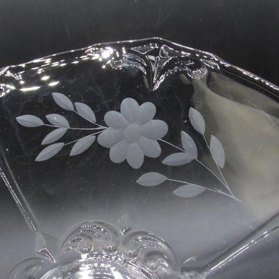 Vintage Glass Center Handled Sandwich Server Tidbit Tray w/ Etched Floral 10.5â€