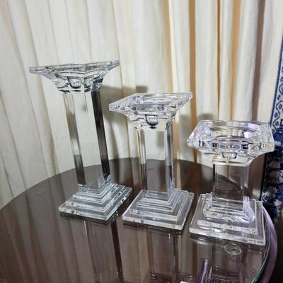 3 Heavy Solid Glass Candlesticks 9" ,7", 5.5"