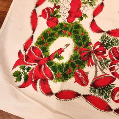 Lot #96 Vintage Cotton Christmas Tablecloth - Trees/Bells/Candles