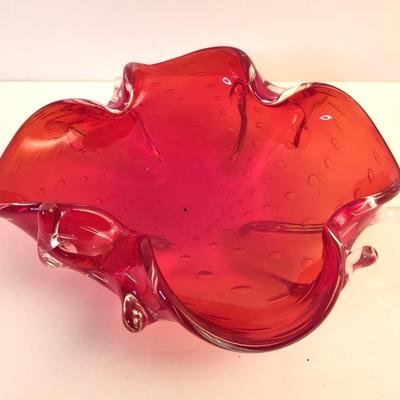Lot #104D Vintage Bollicante Red Glass Ashtray - Murano Style