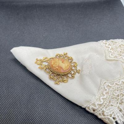 Vintage cameo on lace hanky