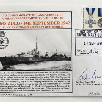 WWII HMS Zulu Cdr John Drane Signed Commemorative Cover - 1990