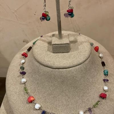 Small stone necklace and dangling earrings