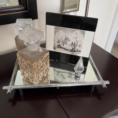 702 Mirrored Silver tone Vanity Tray with Vintage Perfume Bottles.