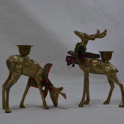 Set of 2 Solid Brass Reindeer Candlesticks 5.75â€ & 4.5â€
