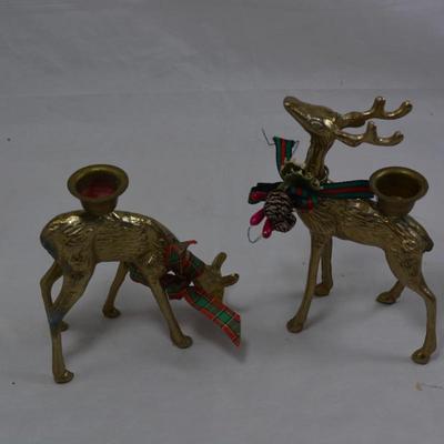 Set of 2 Solid Brass Reindeer Candlesticks 5.75â€ & 4.5â€