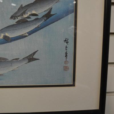 Set of 2 Ando Hiroshige Framed/Matted Prints Carp & Salmon 21â€x16â€