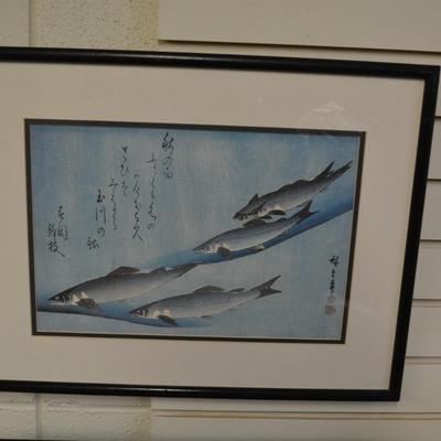 Set of 2 Ando Hiroshige Framed/Matted Prints Carp & Salmon 21â€x16â€