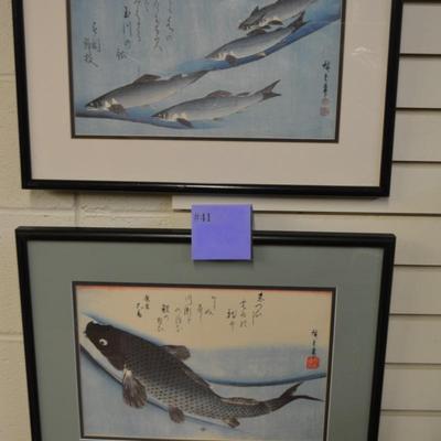 Set of 2 Ando Hiroshige Framed/Matted Prints Carp & Salmon 21â€x16â€
