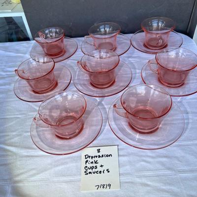 8 Vintage Blush Pink Depression Glass Optic tea coffee cups saucers 1940s