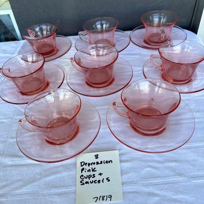8 Vintage Blush Pink Depression Glass Optic tea coffee cups saucers 1940s