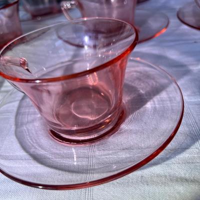 8 Vintage Blush Pink Depression Glass Optic tea coffee cups saucers 1940s