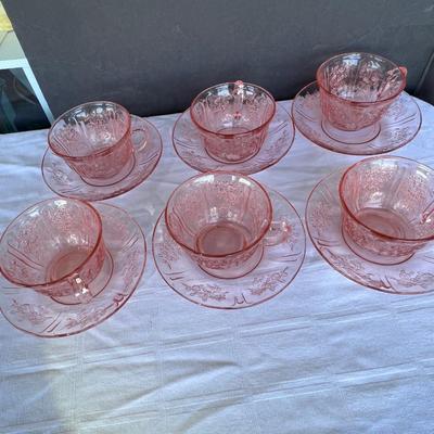 6 Vintage Blush Pink Depression Glass SHARON tea coffee cups and saucers