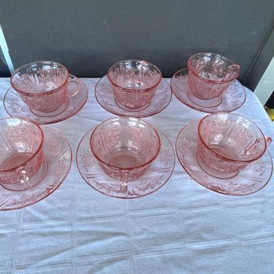 6 Vintage Blush Pink Depression Glass SHARON tea coffee cups and saucers