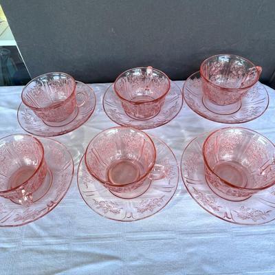 6 Vintage Blush Pink Depression Glass SHARON tea coffee cups and saucers