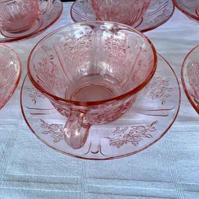 6 Vintage Blush Pink Depression Glass SHARON tea coffee cups and saucers