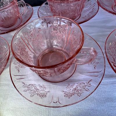6 Vintage Blush Pink Depression Glass SHARON tea coffee cups and saucers