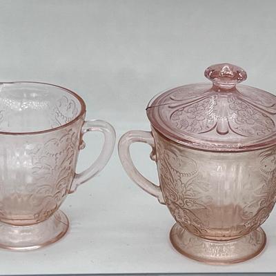 1938 Pink Federated Sharon floral Depression glass sugar bowl