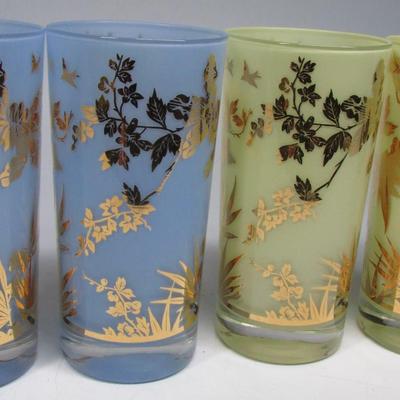 Lot of Vintage Mid Century William A. Meier Glass Pastel Gold Foliage Highball Glass Tumblr Drinking Glasses